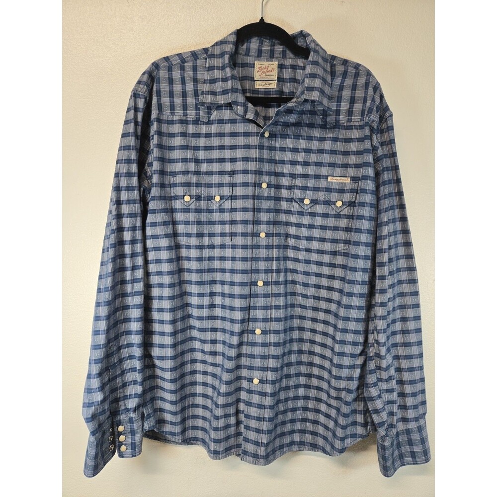 Lucky Brand Western Shirt Mens XXL Blue Grey Pearl Snap Long Sleeve 100% Cotton